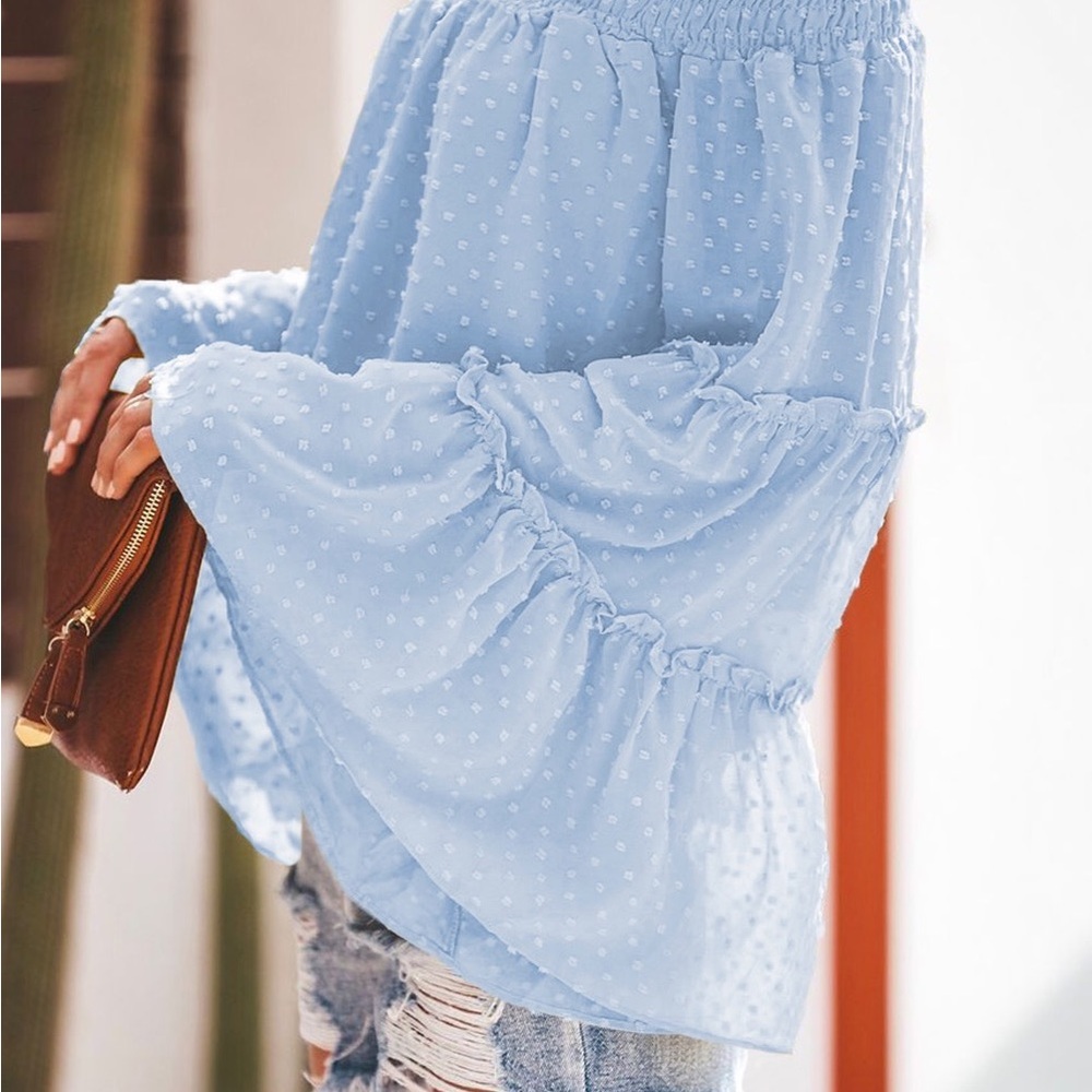 🔥🔥sale🔥🔥Sky blue Swiss Dot off the Shoulder Top - Picture 3 of 4